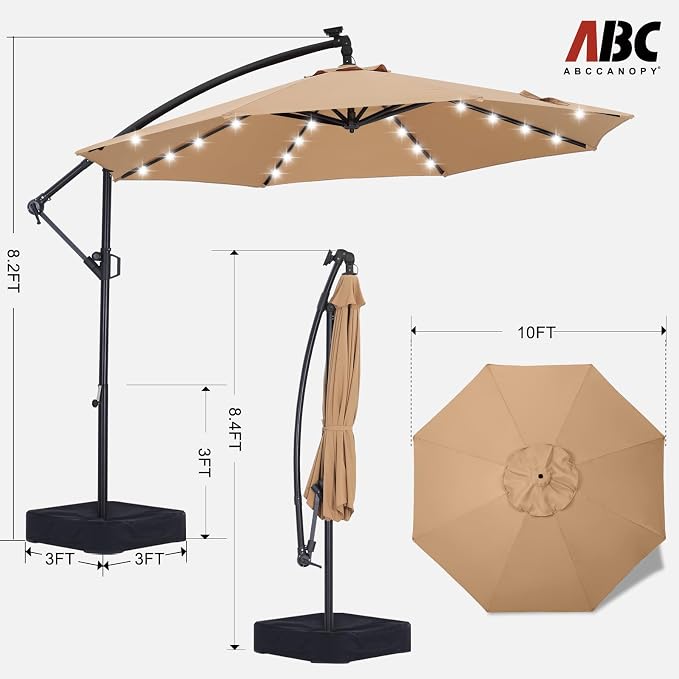 ABCCANOPY 10 FT LED Patio Umbrellas Cantilever Umbrella with base, 360° Rotation Outdoor Lighted Offset Umbrella Bonus Fix Frame & Weights Bag for Backyard, Deck, Poolside (Khaki)