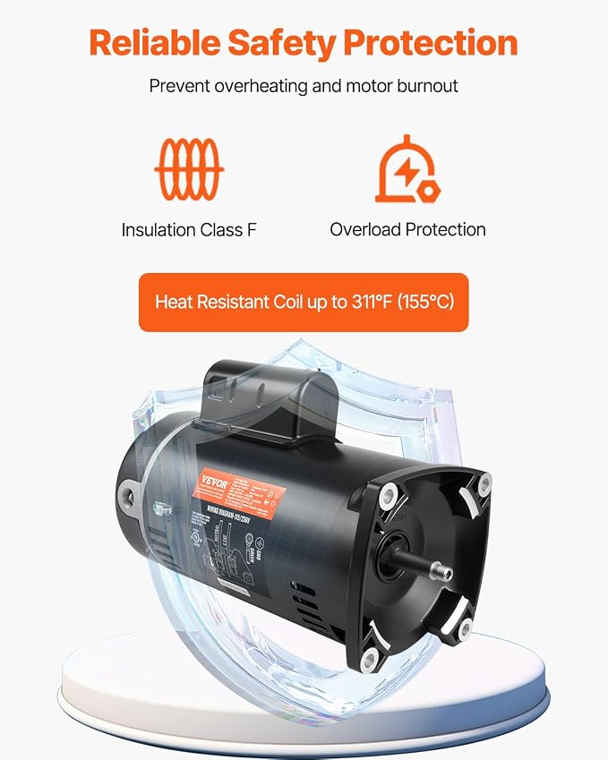 VEVOR 1 HP Pool Pump Motor, 3450 RPM High Speed, 115V (9.0 Amps) / 230V (4.5 Amps), 90μF/250V Capacitor, 1.25 SF, CCW Rotation, 56Y Square Flange Replacement Motor for Swimming Pools, Spa Centers