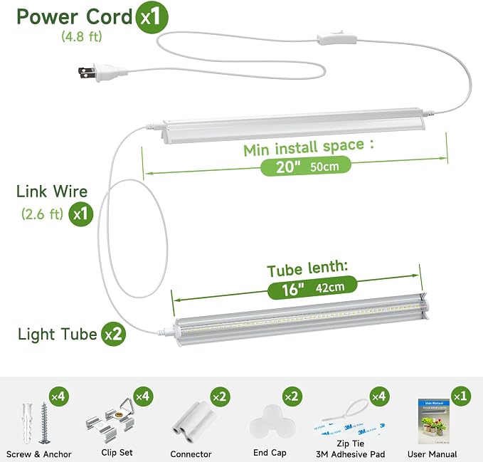T5 Grow Lights for Seed Starting, 10W x2, Grow Lights for Indoor Plants | 16 inches, 2-Count, Full Spectrum LED Plant Light Bar w/Reflectors for Seedlings, 4000K White Growing Strips for Shelf/Rack