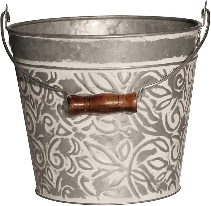 Headwind Vintage Collection - Floral Galvanized White Wash Planter with Handles – 12 Inch Flower Pots Decorative Plant Indoor – Plant Pots Indoor with Drainage By Robert Allen