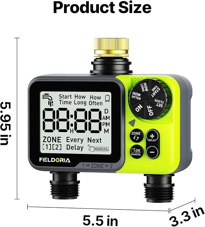 Sprinkler Timer, Programmable Brass Inlet Watering Timer for Garden Hose, Fit 3/4” US Faucet, Outdoor Soaker Auto Manual Hose Timer with Rain Delay, Drip Irrigation for Lawn Yard, 2 Outlets