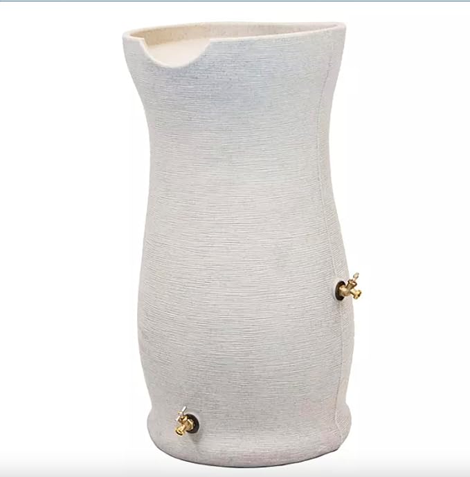 50-Gallon Impressions Corsican Rain Barrel with Diverter Kit, Light Gray Textured Finish, Dual Brass Spigots, Downspout Connection