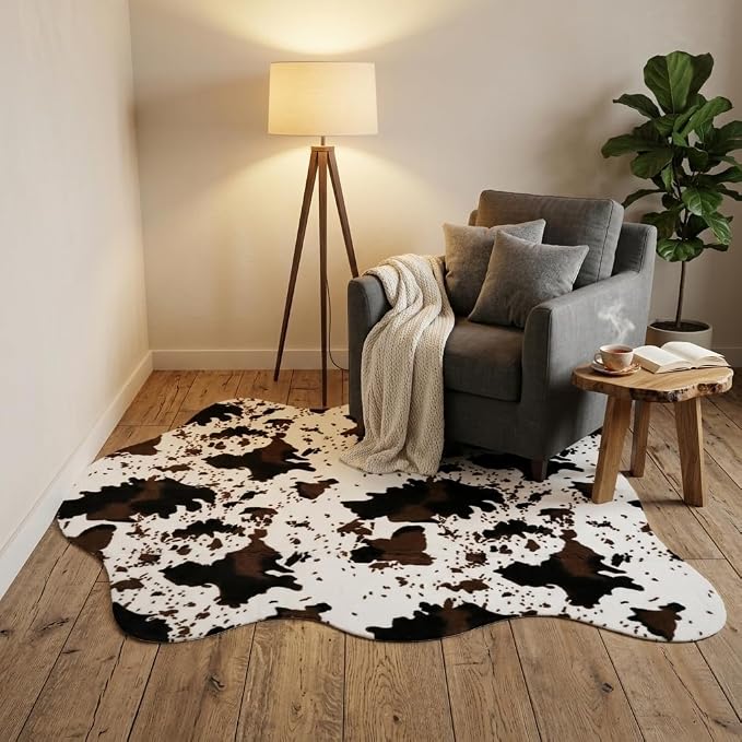 MustMat Faux Cow Print Rug, Modern Rustic Decor Rug 4'7" x 5'3" | Great for Living Room Corners & Fireplaces. Fits Western, Ranch Styles, Ideal for Christmas and Thanksgiving Decor