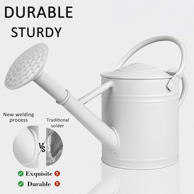 1 Gallon White Metal Watering Can for Indoor and Outdoor Plants, Removable Watering Rose and Spout, Dual Handle Garden Water Can for Patio, Greenhouse and Houseplants
