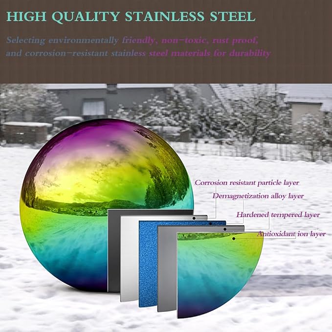 10 inch Stainless Steel Gazing Ball Rainbow Gazing Globe Mirror Reflective Garden Sphere Floating Pond Balls Gazing Ball Colorful and Shiny Home Outdoor Ornament