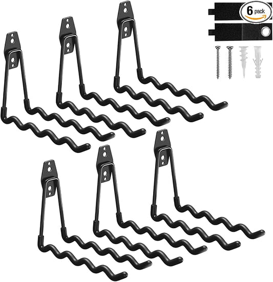 6 Pack Garage Hooks Heavy Duty with Anti-Slip Coating, Steel Utility Wave Hooks for Hanging Ropes, Bikes, Garden Tools, Hoses and More (Black)
