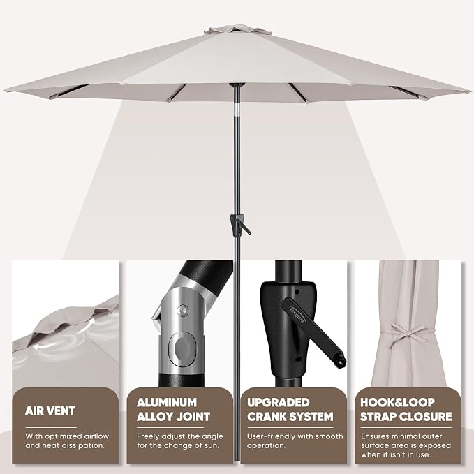 Tempera Patio Market Outdoor Table Umbrella with Push Button Tilt and Crank, Large Sun Umbrella with Sturdy Pole & Fade Resistant Canopy, Easy to Set