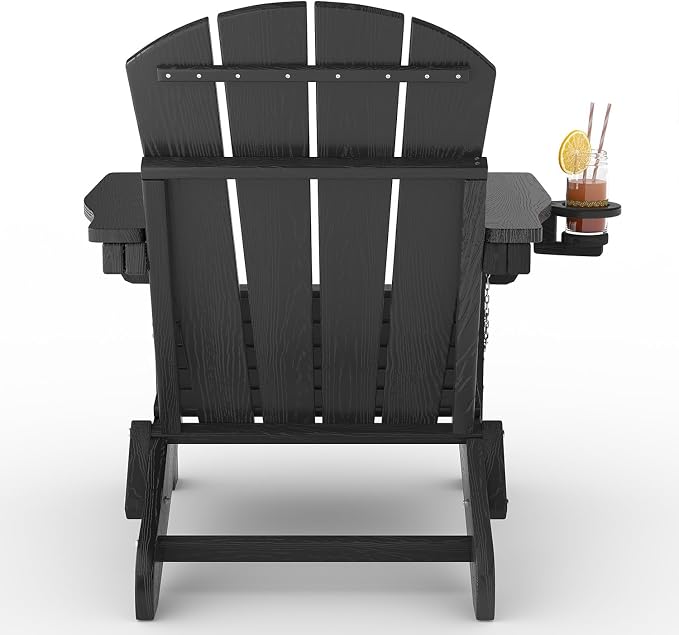 GarveeLife Folding Adirondack Chair Set of 2 with Side Table, All-Weather HDPE Outdoor Chair, Wooden Textured with Cup Holder for patios, Decks, Gardens, fire pits, Black
