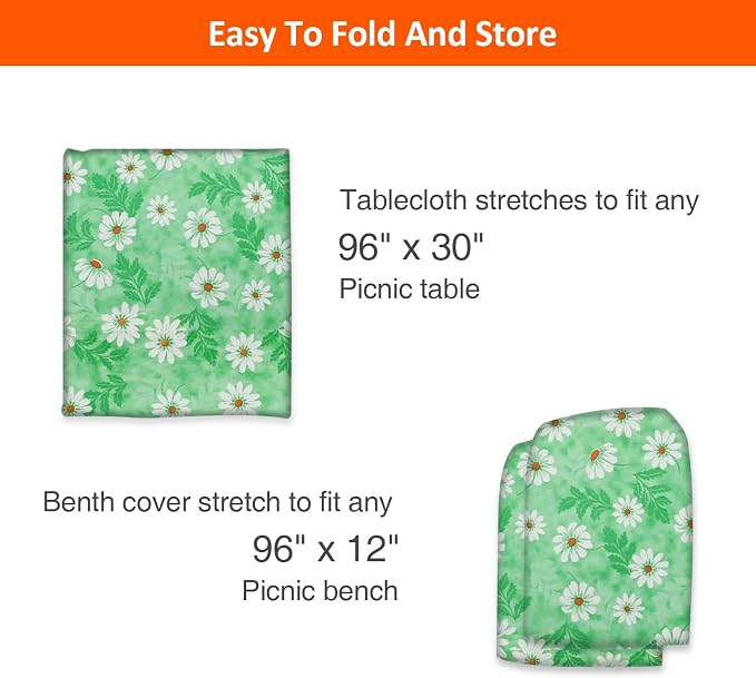 8ft Picnic Table and Bench Cover, Camping Essentials RV Gear, 96 in Waterproof Windproof Outdoor Elastic All Around Tablecloth, Fitted Rectangle Tables and Seats, Green Chrysanthemum