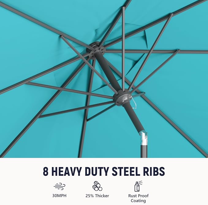 Outdoor Patio Umbrella with One Push Button Tilt and Crank, 8 Sturdy Ribs Market Table Umbrella