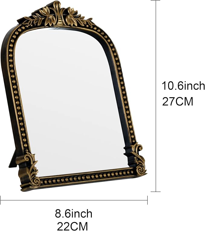 Vintage Gold Plastic Arched Makeup Mirror, Standing, Hanging or Wall Mount, Bathroom, Living Room, Bedroom Decorative Mirror (Bronze-10.6x8.6 inch)