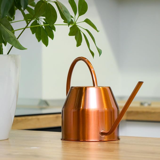 Plexon Rose Gold Metal Watering Can Indoor Plants 40 oz, Stainless Steel Long Spout Watering Can Outdoor House Plant Flower, Garden