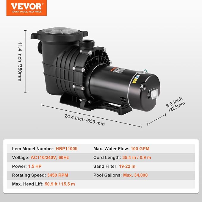 VEVOR Above Ground Pool Pump, 1.5 HP, 100 GPM Single Speed Swimming Pool Pump, 110V/240V 3450 RPM 50.9 ft Max Head Pool Pump with Filter Basket, for Above Ground Pools Hot Tubs Spas