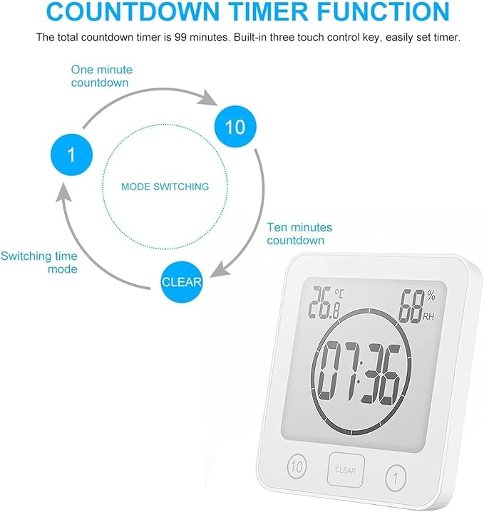 Digital Bathroom Shower Wall Clock Timer, LCD Digital Wall Clock with Suction Waterproof Temperature Humidity Gauge, Touch Screen Timer, Large Countdown Visual Timers Hanging Wall Clock (White)