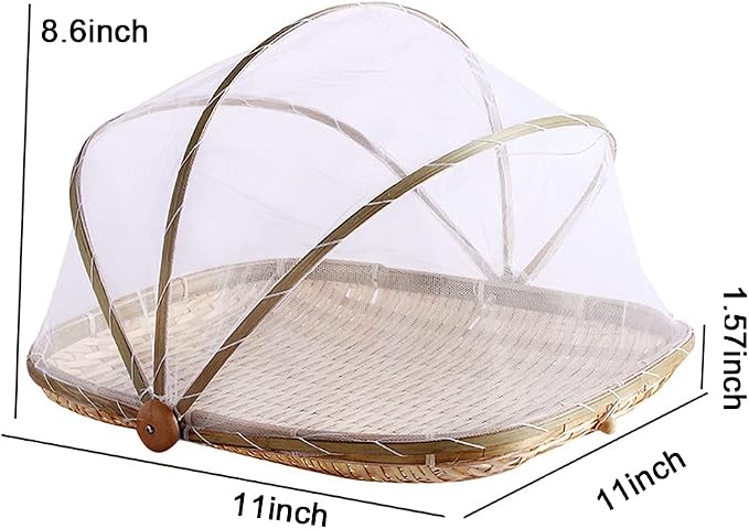 Mwellewm Food Bamboo Food Serving Tent Basket Hand-Woven Basket Serving Dustproof Picnic Basket Vegetable Fruits Bread Home Square Storage Basket with Mesh Gauze Cover Container