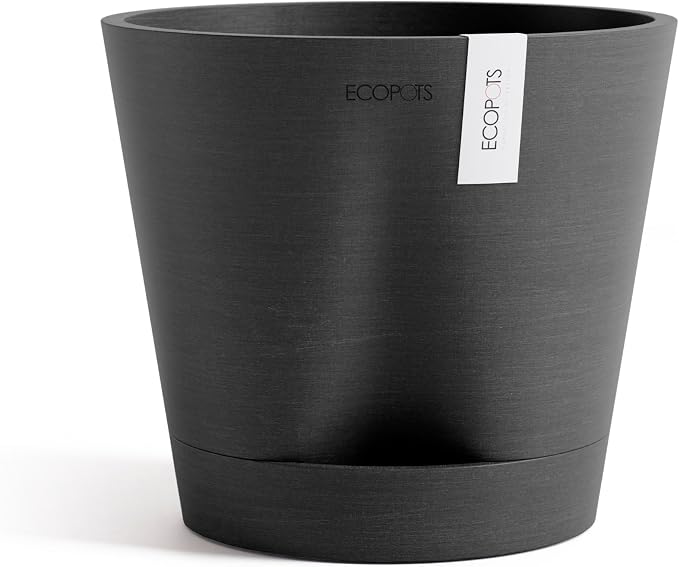 Ecopots Venice 2 Durable Modern Round Indoor/Outdoor Recycled-Based Composite Flower Pot Planter w/Water Reservoir, Dark Grey, 8"