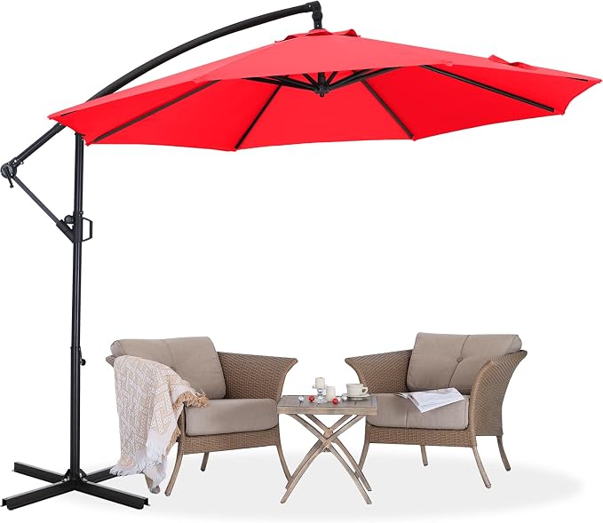 ABCCANOPY 9FT Cantilever Patio Umbrella with base included, 360° Rotation Outdoor Offset Umbrella for Backyard, Deck, Poolside (Red)