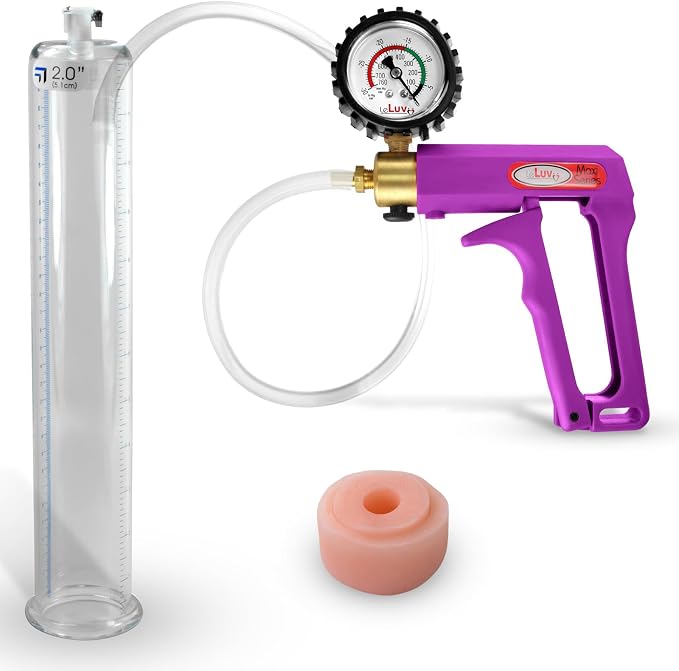 LeLuv Maxi Penis Pump - Purple Handle + Clear Hose, Protected Gauge - Bundle with Silicone Donut Seal 12" Length x 2" Diameter Round-Flange Cylinder