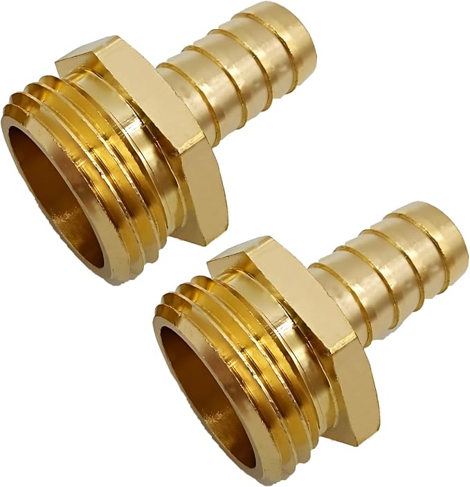 Brass Garden Hose Adapter Fitting, 3/8” Barb and 3/4” GHT Male Connector, Heavy-Duty High-Pressure Support, Rust and Corrosion Resistant (2PCS)