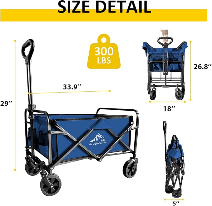 Collapsible Utility Cart Folding Wagon, 320lbs Capacity Lightweight Rolling Cart with Quiet Wheels, Quick-Fold Design for Camping, Shopping, Ourdoor Use, Blue 2PCS