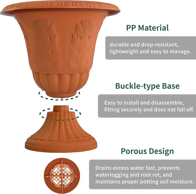 Set of 2 Goblet-Shaped Plastic Planter Urns, Terracotta, Dia 14.6" Large | OUMUHE elegant plastic flower pots with secure buckle base & porous drainage for outdoor porch plants, 16" H × 14.5" D