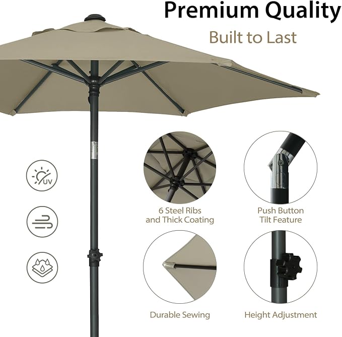 AMMSUN 6ft Patio Umbrella Outdoor Table Umbrellas with Push Button Tilt, UPF50+ Premium Steel Pole and Ribs for Deck, Lawn, Garden, Backyard & Pool (Khaki)