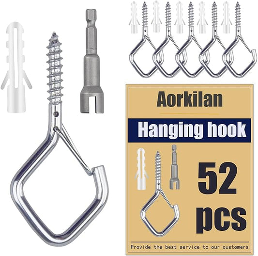 52-Pack Heavy-Duty Silver Screw Eye Hooks with Safety Clips | Metal Ceiling Hooks for Hanging Plants, Wind Chimes, Bird Feeders & Indoor/Outdoor Lights