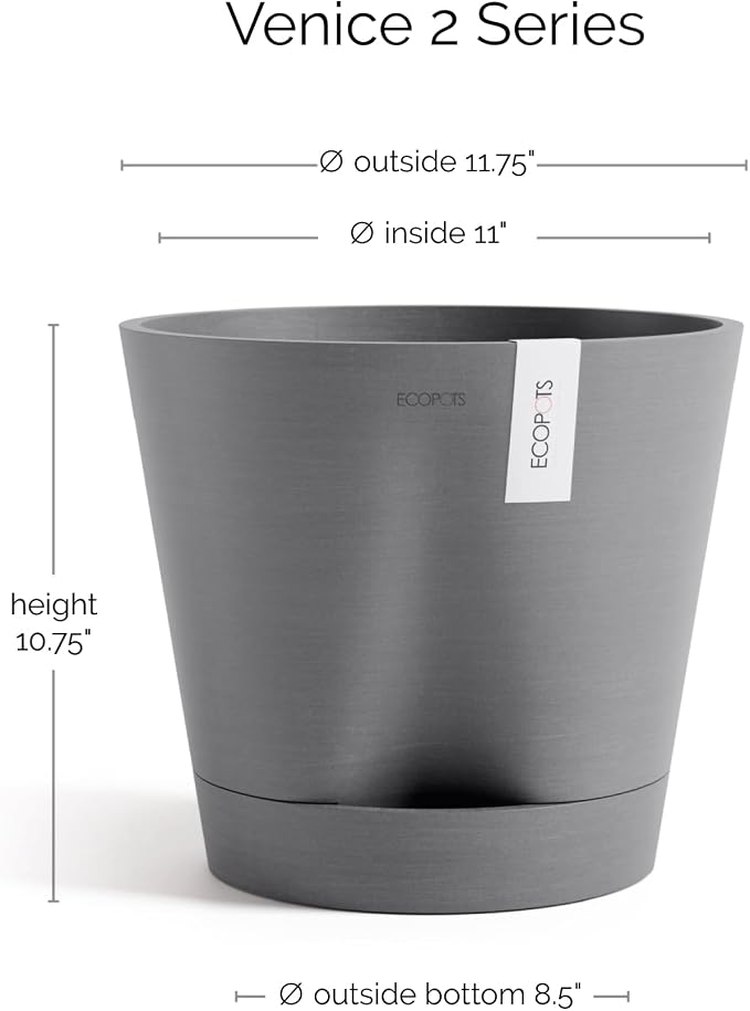 Ecopots Venice 2 Durable Modern Round Indoor/Outdoor Recycled-Based Composite Flower Pot Planter w/Water Reservoir, Grey, 12"