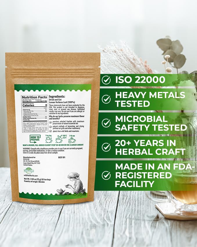 50 Bags Lemon Verbena Tea Dried Cut Leaves Herb Cedron (Aloysia Citrodora) - 50 Count 1.5g Lemon Beebrush Loose Leaf Herbal Tea Bags Te De Verbena De Limon
