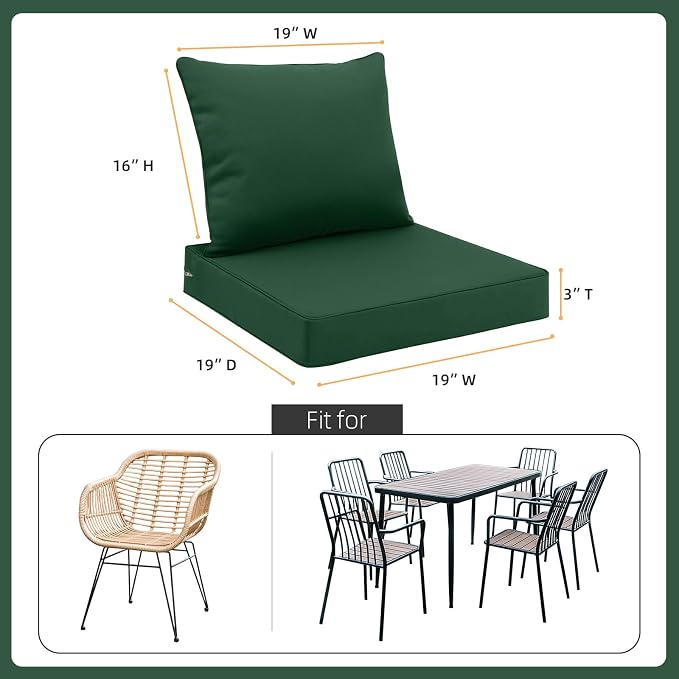Favoyard Outdoor Patio Seat Cushion Set, 19x19 Inch, Water & Fade Resistant | Removable Cover Patio Furniture Cushion, Deep Seat & Back Cushion, Tie Straps Pads for Chair, Sofa, Couch, Dark Green