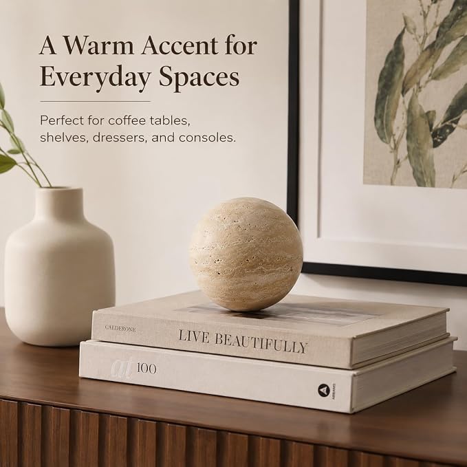 Natural Travertine Decorative Sphere, 3.15 Inch Stone Ball Decor, Hand-Polished Beige Orb Accent for Coffee Table, Shelf, Dresser and Living Room