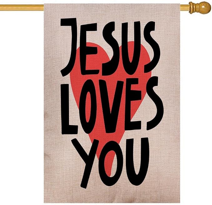 EMMTEEY Double Sided Easter Yard Flag - 28X40 Inch Outdoor Decor with Jesus Loves You Lettering, Modern Red Heart & White Design for Housewarming