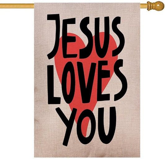 EMMTEEY Double Sided Easter Yard Flag - 28X40 Inch Outdoor Decor with Jesus Loves You Lettering, Modern Red Heart & White Design for Housewarming