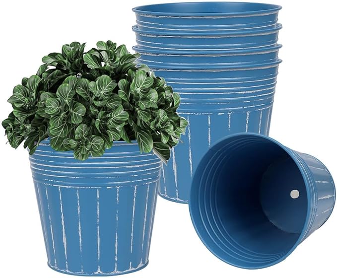 vensovo 5 Inch Galvanized Bucket Planter - 6 Pack Metal Flower Pots with Drainage Holes & Plugs, Rustic Deep Blue Tin Pots for Indoor Herbs, Outdoor Succulents, Farmhouse Home Garden Decor