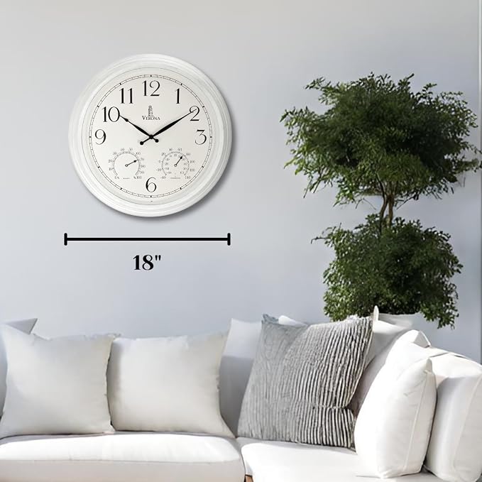 Outdoor Clocks for Patio Large Waterproof with Thermometer - White 18 inch Indoor Outdoor Wall Clock with Temperature and Humidity Combo - Weatherproof, Accurate & Easy to Read for Pool, Garden & Home