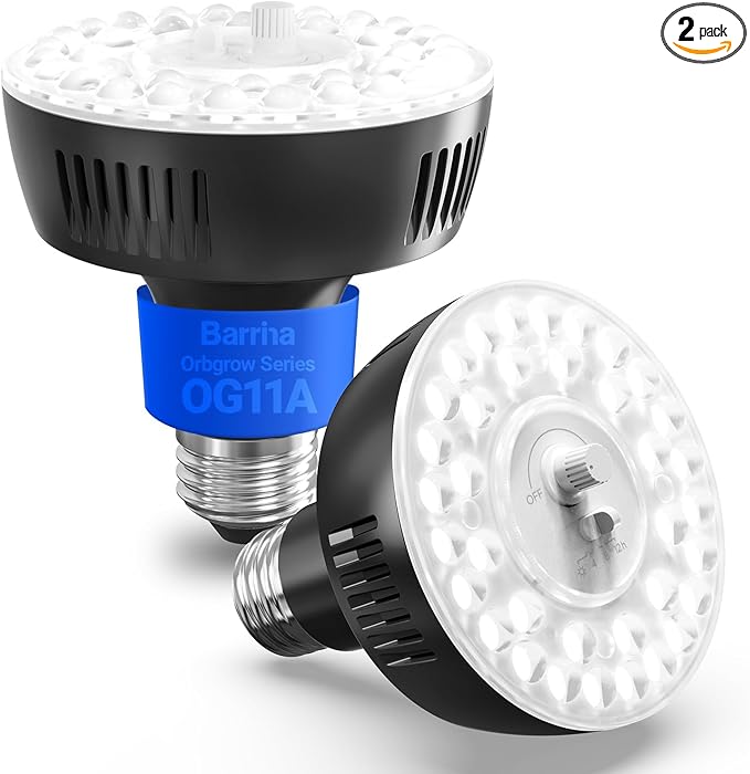 Barrina Orbgrow OG11A Grow Light Bulbs for Indoor Plants, Integrated Dimming & Timing, 5000K 22W(2 x 11W, 200 Watt Equiv), E26 Plant Light Bulb, Full Spectrum for Seeds and Greens, 2 Packs, Black