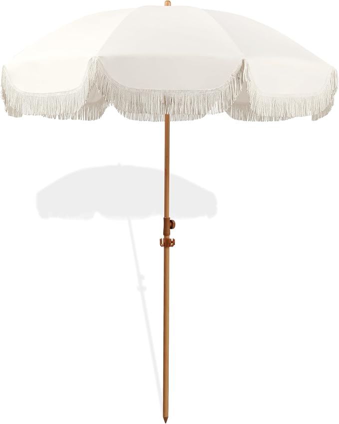 Seazul 7.5ft Patio Umbrella with Fringe, Beach Umbrella, Fringe Umbrella Outdoor Patio with Hanging Hook, Tilting Aluminum Pole, UV 50+, Fiberglass Ribs, Elegant Cream