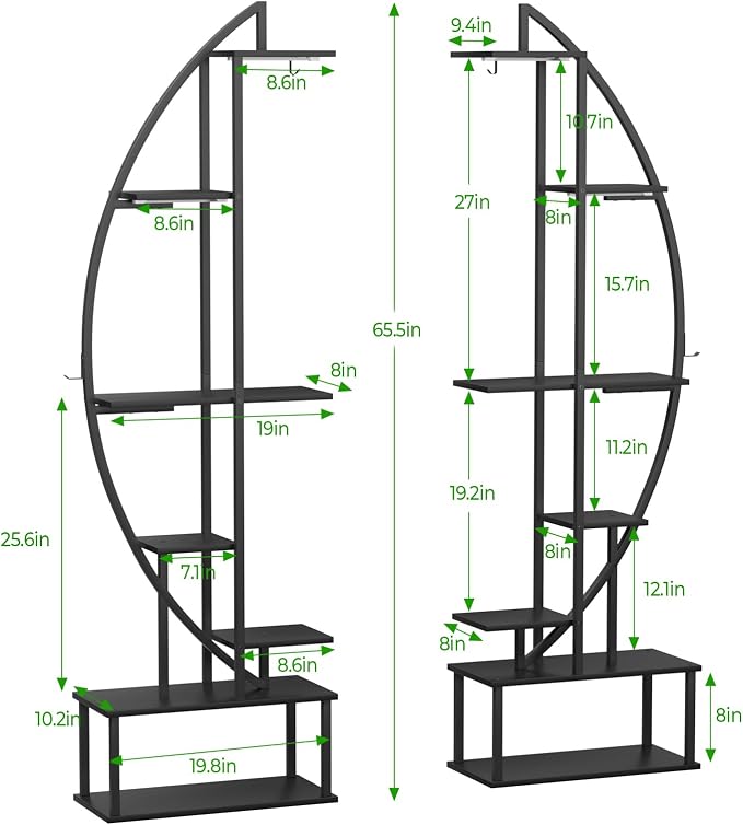 Plant Stand Shelf Indoor with 6 Grow Light, 7 Tiered 65" Tall Black Large Half Moon Lighted Plant Rack Holder, 2 Pack Big High Circular Arch Multi Herb Stand with Built in LED Grow Light Set