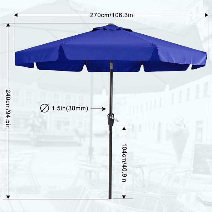 MASTERCANOPY 9ft Patio Umbrella with Valance, Crank and Tilt – 8 Ribs Outdoor Market Umbrella, UV/Fade Resistant, Waterproof Canopy with Wind Vent for Garden, Deck, Backyard, Pool (Blue)