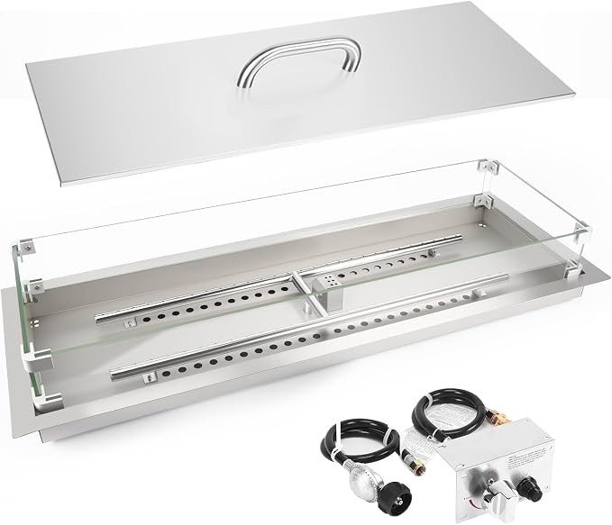 GRISUN Upgraded 36" x 12" Drop-in Fire Pit Burner Kit, Gas Fire Pit Kit with Glass Wind Guard & Lid, Linear Fire Pit Pan Insert with Spark Ignition for Fire Pit Tables