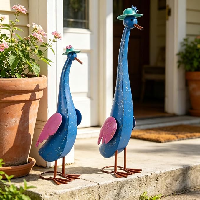 22" Duck Garden Statue Set of 2 Metal Ducks | Outdoor Statues Rustproof Yard Art Porch Animals Lawn Ornament Garden Sculptures Decor for Outside Patio Backyard