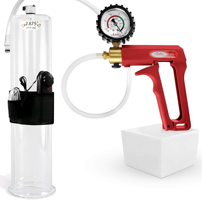 LeLuv Vibrating Penis Pump Maxi Red Handle + Protected Gauge - Bundle with Clear Hose - 12 inch Length x 2.875 inch Diameter Cylinder