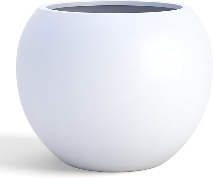 DTY Premium Mt Sherman Fiberstone Sphere Planter for Indoor Outdoor Use, Round Pot for Olive Tree, Lightweight, Smooth Finishes. 2 Extra Coco Mats. White, Large 21.1'' D x 16.7'' H. 14.6” Pot Opening