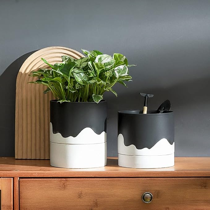 Nihow Ceramic Self Watering Plant Pot for Indoor Plants,6 Inch,Black White | Planter with Cotton Wick, Drainage Hole & Water Storage Plus, Cylinder Round Flower Pot, For Succulent/Herbs/Violets