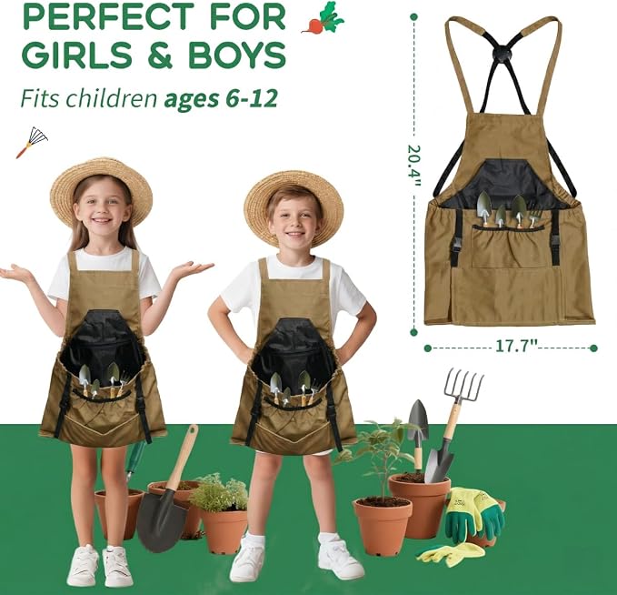 Kids Gardening Apron,Canvas Garden Apron with Pockets and Harvesting Pouch for 6-12 Grils and Boys