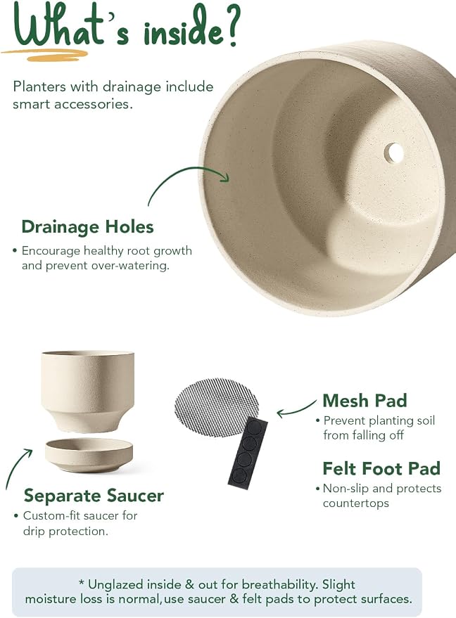 LE TAUCI 12 Inch Pots for Plants with Saucer, Ceramic Indoor Planter Pot for Plants with Drainage Hole, Mesh Pad Included, Unglazed Porous Ceramic, Modern for Home and Office, Speckled Oat