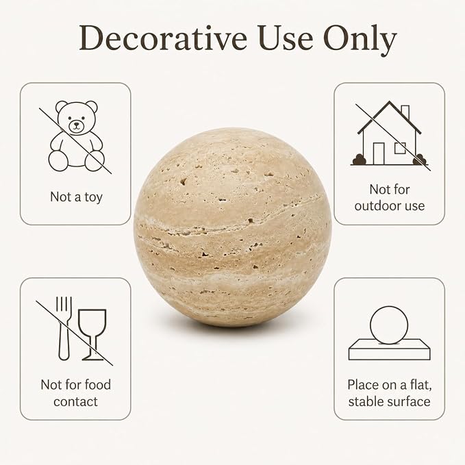 Natural Travertine Decorative Sphere, 3.15 Inch Stone Ball Decor, Hand-Polished Beige Orb Accent for Coffee Table, Shelf, Dresser and Living Room