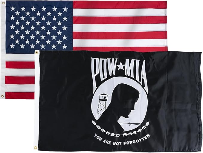 Homissor American Flag and Pow Mia Flag 3x5 Ft Combo Pack Embroidered Stars US Flags for Outside Heavy Duty Outdoor Double Side