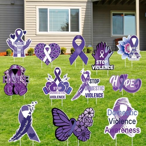 12 Pcs Domestic Violence Awareness Yard Signs Purple Ribbon, Stakes - Image 3