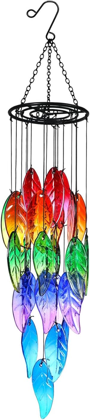 Stained Glass Leaf Wind Chimes - Hand-Painted Glass Leaves Suncatcher for Window, Outdoor Garden Decor, Colorful Leaf Ornaments Hanging Wall Art for Patio, Unique Memorial Gifts for Women & Mom